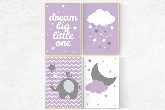 Nursery decor girl purple, nursery wall art girl purple, nursery decor elephant, cloud and stars, elephant nursery, lavender, lilac