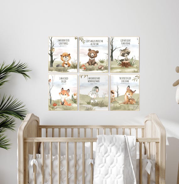 Woodland nursery decor, animals prints, woodland themed nursery, nursery wall art, nursery prints gender neutral, verse prints, bible verse