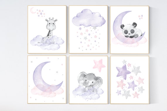 Nursery decor girl, Purple and pink, moon and stars, lilac, pink, baby room, girl nursery decor, stars nursery, lavender and pink