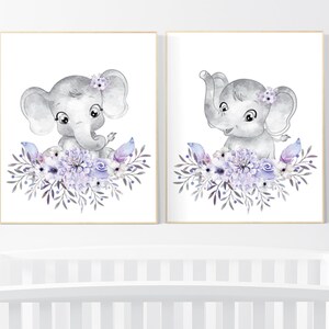 Nursery wall art elephant, nursery decor girl purple, nursery decor girl floral, lilac nursery decor lavender, Boho baby room, lilac nursery