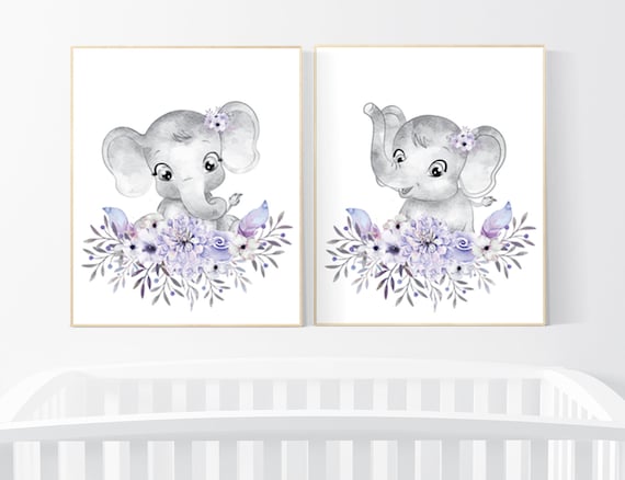 Nursery wall art elephant, nursery decor girl purple, nursery decor girl floral, lilac nursery decor lavender, Boho baby room, lilac nursery