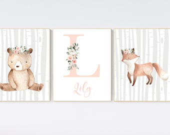 Waldtiere Kinderzimmer Drucke: Fuchs, Bär, Blumen Buchstabe (Physischer Druck)