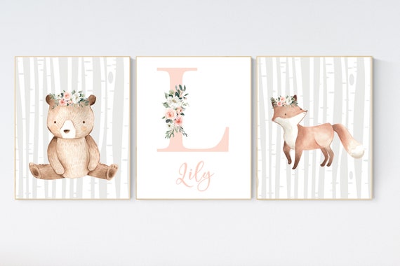 Nursery decor girl woodland, woodland animals nursery, Nursery prints woodland, baby room woodland, fox nursery, teddy bear nursery, neutral