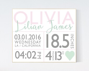 Placa personalizada com estatísticas de nascimento do bebê: placa com nome do berçário