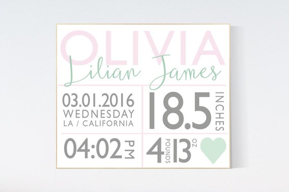 Nursery name sign, name sign, birth stats wall art, birth stats sign, nursery decor girl, nursery decor personalized, baby birth stats