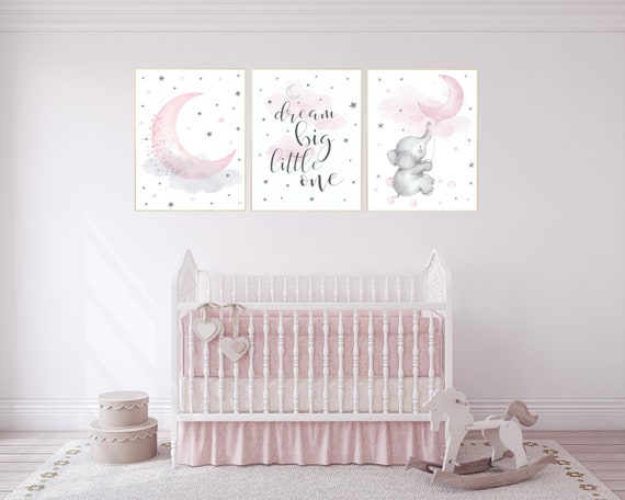 Nursery wall art girl elephant, pink nursery decor girl, dream big little one, nursery prints, pink grey, pink gray, girl nursery ideas