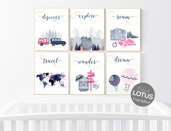 Travel nursery print, Explore nursery wall art, camp nursery, Adventure Set of 6 prints, Camping Prints, navy and pink, woodland nursery