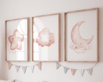 Blush Pink Nursery Prints: Moon, Stars, Cloud Art