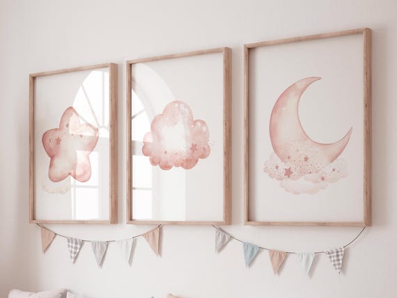Blush Pink Nursery Prints: Moon, Stars, Cloud Art
