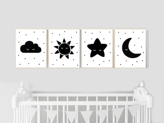 Nursery wall art black and white, gender neutral, baby room decor, sun, cloud, moon and stars, black white, nursery wall decor, twin nursery