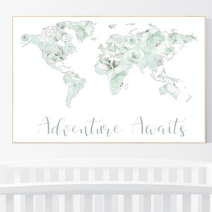 Decorazione per la cameretta dei bambini menta, mappa del mondo floreale, decorazione per la cameretta delle bambine, arte da viaggio per la cameretta dei bambini, stampa floreale per la cameretta dei bambini, verde menta, cameretta dei bambini floreale