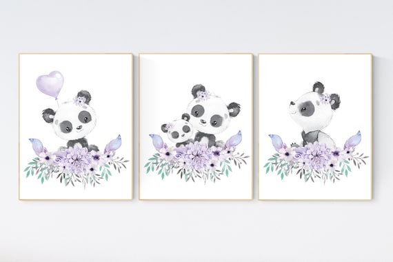 Purple teal nursery, Boho baby room, nursery wall art panda, nursery decor girl, nursery decor girl floral, lilac nursery decor, lavender