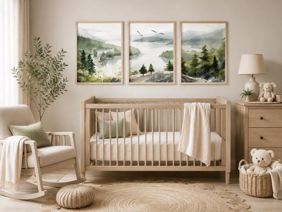 Forest Nursery Wall Art Set of 3, Woodland Landscape Prints, Green Nursery