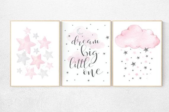 Nursery decor girl, pink and gray, nursery decor girl pink, pink nursery, dream big little one, moon and stars, baby room, girl nursery