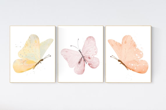 Butterfly nursery decor, pastel nursery decor, girl room decor, girl nursery, butterfly prints, pink nursery, orange nursery, yellow nursery