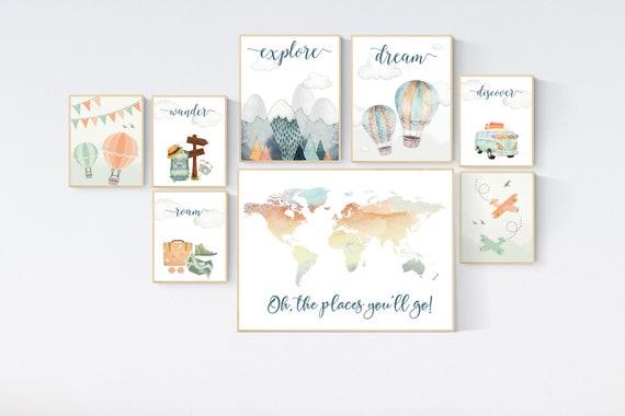 Hot air balloon nursery, oh the places you'll go nursery prints, gender neutral nursery decor, nursery wall art boy airplane, nursery set
