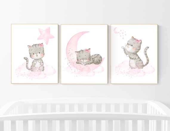Cat nursery print, kitten nursery print, nursery decor girl, nursery art girl, cat print, kittens, pink and grey, pink gray, cat nursery