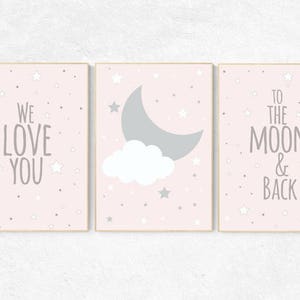We love you to the moon and back, pink nursery art, star nursery decor, nursery decor, pale pink, moon nursery, baby girl nursery wall art