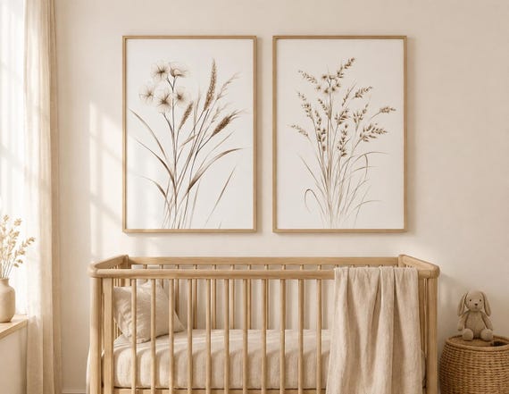 Beige Botanical Line Art Print Set: Minimalist Floral Wall Decor