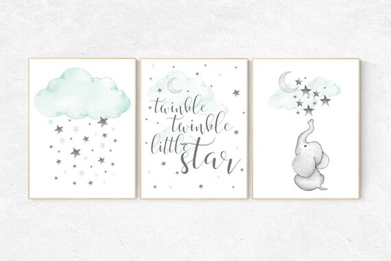 Elephant nursery decor, twinkle twinkle little star, Mint nursery decor, nursery decor neutral, nursery decor boy teal, cloud and star