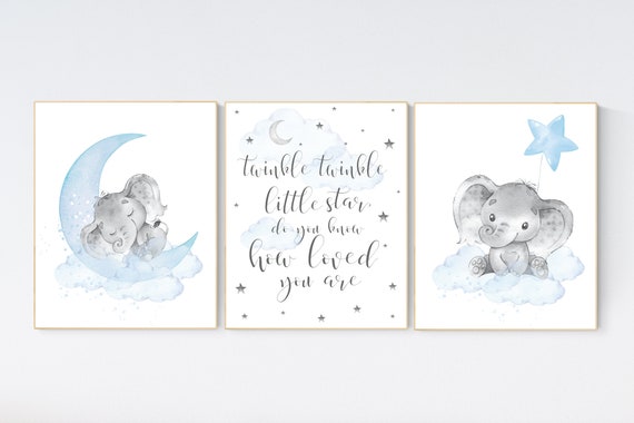 Nursery decor boy elephant, Elephant nursery, nursery decor, boys room decor, twinkle twinkle little star, clouds and stars elephant nursery