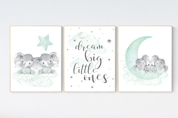 Elephant nursery art, twin nursery decor, elephant nursery print, twin nursery art, moon and stars, mint nursery, twin babies, mint green