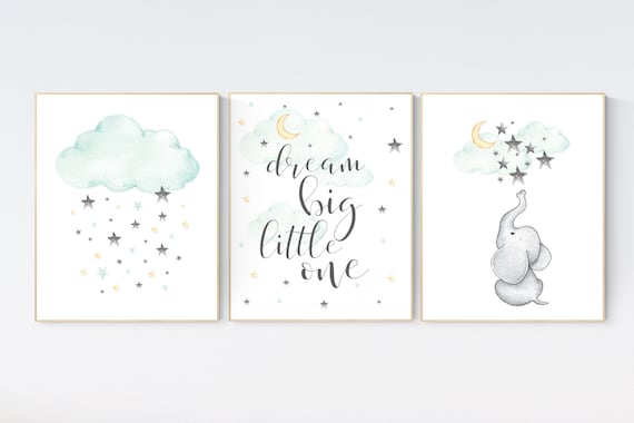 Mint and orange nursery, nursery decor elephant, cloud and star, dream big, mint orange, nursery decor boy teal, gender neutral nursery