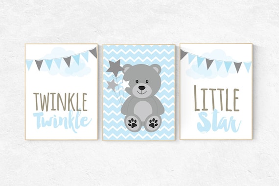 Twinkle Twinkle Little Star, bear nursery art, Baby boy nursery decor, Blue gray nursery, boys room wall art, baby room prints, elephant