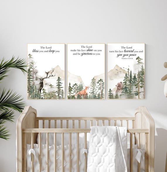 Nursery decor woodland, mountain wall art, tree nursery decor, adventure theme nursery, forest, sage green, bible nursery, verse nursery