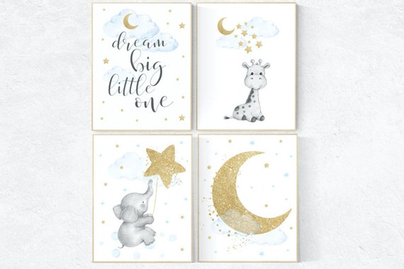 Nursery decor boy elephant, blue and gold nursery, dream big little one, blue nursery wall art, cloud and stars, giraffe nursery