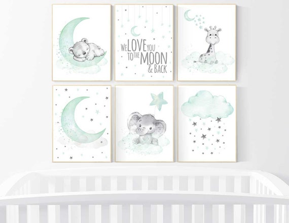 Nursery wall art gender neutral, nursery decor neutral, mint green, bear, giraffe, elephant, twin nursery, animal prints, mint green