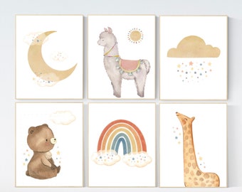 Neutral nursery decor, rainbow nursery, llama nursery, animal prints, gender neutral nursery, neutral colors, cloud and stars, rainbow print