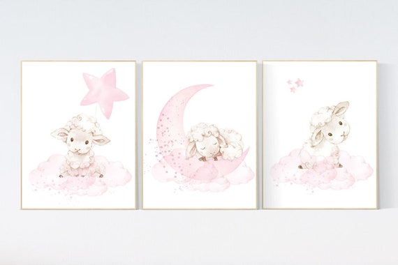 Lamb nursery decor, Sheep nursery decor, Nursery decor girl, nursery wall art sheep, moon and cloud wall art nursery, girl nursery decor