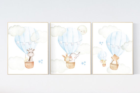 Nursery decor woodland animal, nursery decor boy, elephant, bear, giraffe, bunny, hot air balloon, nursery wall art animals, baby room art