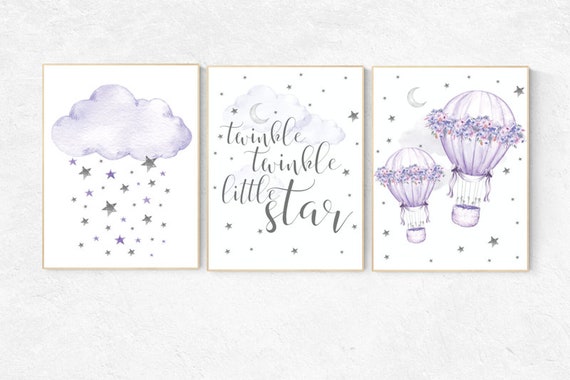 Nursery decor girl lavender and gray, Nursery decor girl purple, twinkle twinkle little star, lilac nursery decor hot air balloons, purple