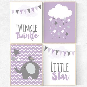 Twinkle Twinkle Little Star, Purple nursery decor, elephant nursery, baby girl nursery wall art, new baby gift, purple gray nursery Purple