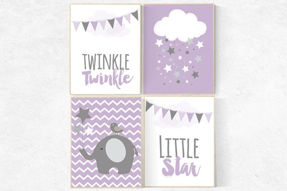 Twinkle Twinkle Little Star, Purple nursery decor, elephant nursery, baby girl nursery wall art, new baby gift, purple gray nursery Purple