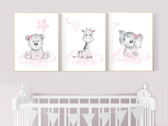 Animal nursery, nursery decor girl pink gray, nursery decor girl woodland animals, teddy bear, elephant, giraffe, baby girl nursery prints