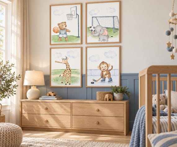 Sports Animal Nursery Wall Art Set of 4, Basketball Bear, Soccer Elephant