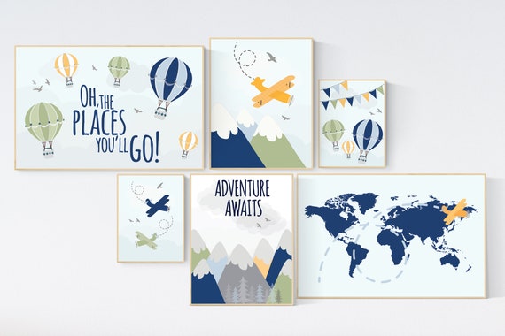 Adventure nursery decor, Nursery decor boy mountains adventure, nursery decor boy airplane, world map nursery, adventure awaits, navy yellow