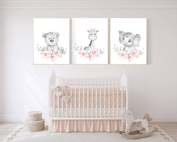 Animal nursery, Floral jungle animals, flower animal prints, blush pink, nursery decor girl boho, nursery wall art animals, girls bedroom