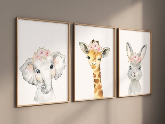 Safari Animals, girl nursery, Animals Prints, Woodland Nursery Decor, Safari Nursery Wall Art, floral animal prints, Pink Safari Animals