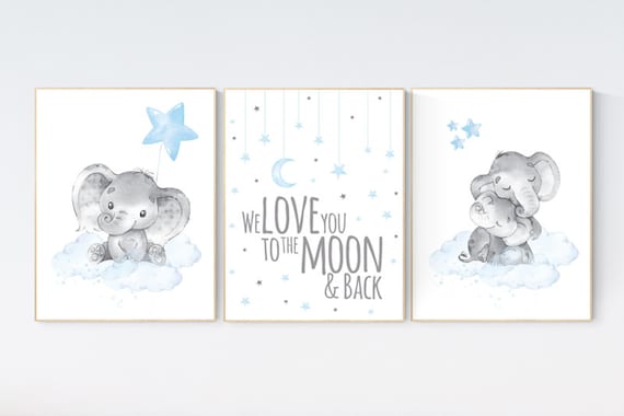 Nursery decor boy elephant, nursery wall art elephant, we love you to the moon and back, Elephant Nursery, boy nursery art, moon and stars