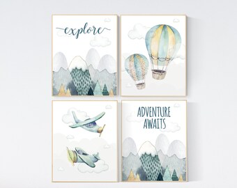 Adventure Awaits Nursery Print: Airplane, Hot Air Balloon, Mountains