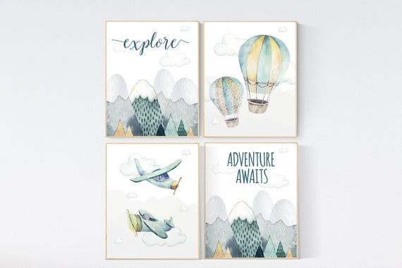 nursery decor boy airplanes, adventure nursery, travel theme nursery, woodland, gender neutral, explore, hot air balloon, plane, neutral