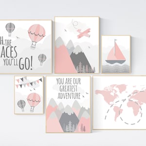 Adventure nursery wall art set, nursery decor girl, travel theme nursery, blush pink, adventure awaits, world map, baby nursery decor