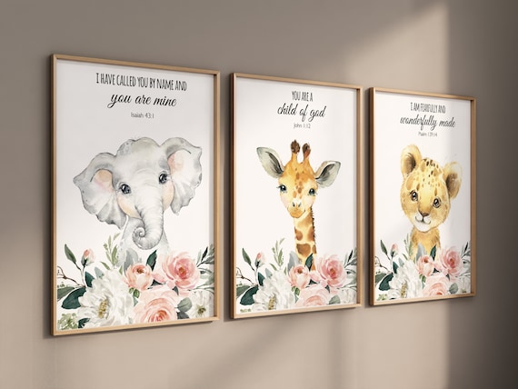 Nursery prints girl, baby room wall art, Safari Animals, girl nursery, Animals Prints, Safari Nursery Wall Art, verse print, bible verse