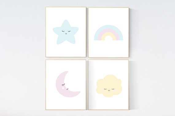 Nursery prints rainbow, Nursery decor gender neutral, nursery wall art boy, moon star, cloud, nursery wall art neutral nursery print