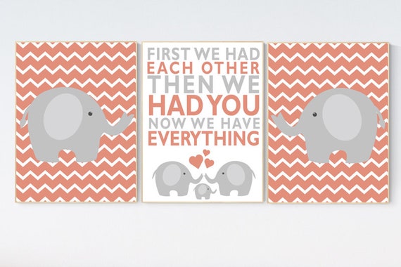 Coral nursery decor, Nursery decor elephant, nursery decor girl, first we had each other then we had you now we have everything, coral gray