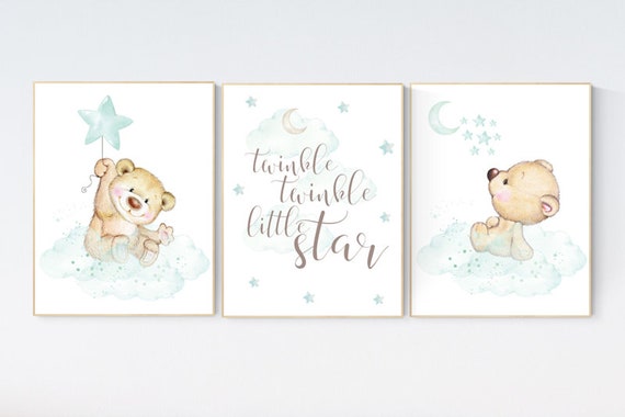 Mint nursery decor, nursery decor bear, teddy bear, gender neutral nursery, moon and stars, twinkle twinkle little star, baby room wall art